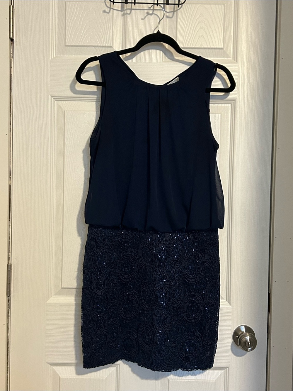 Perceptions Navy Sleeveless Blouson Mini Dress with Embellished Skirt